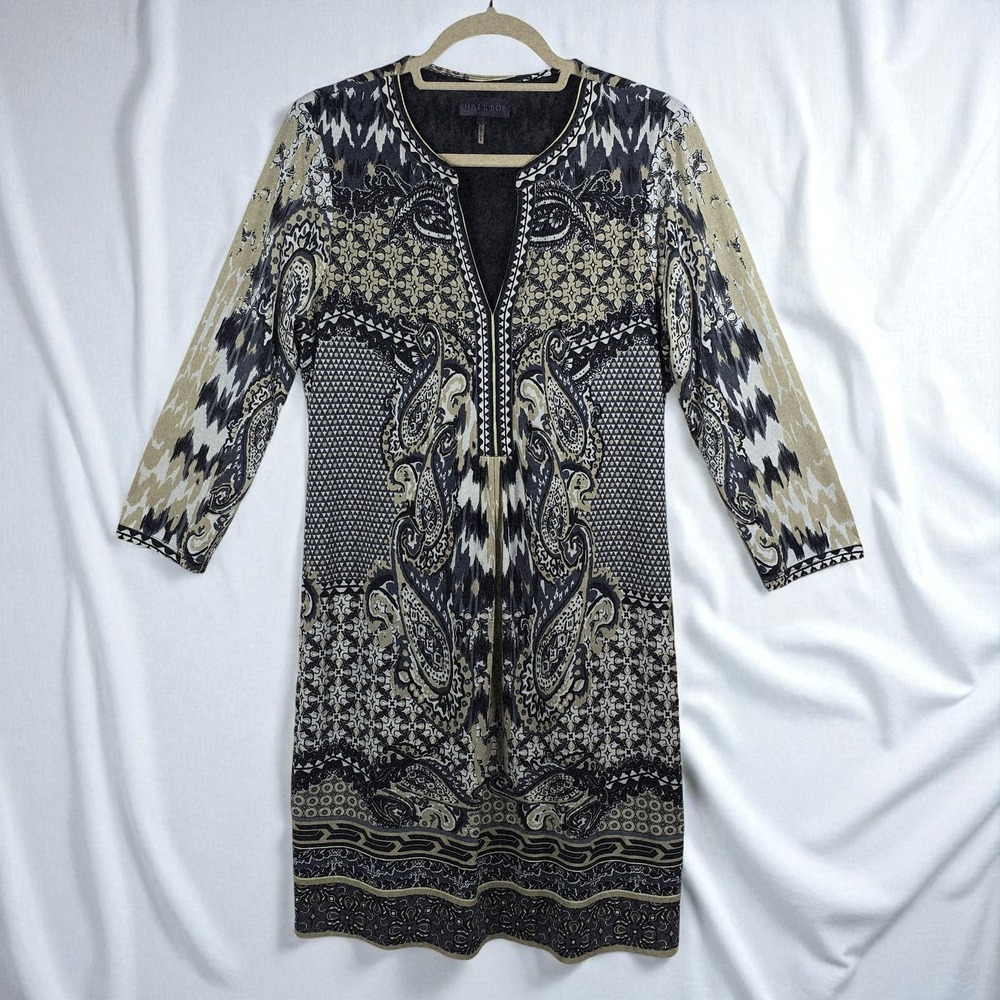Hale Bob Dress Women's Small Patterned 3/4 Sleeve Knee Length Lined Boho Chic